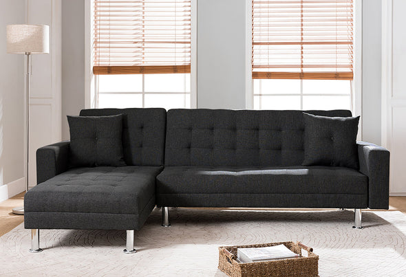 BLACK Tufted Linen Fabric REVERSIBLE Sectional Sofa Bed