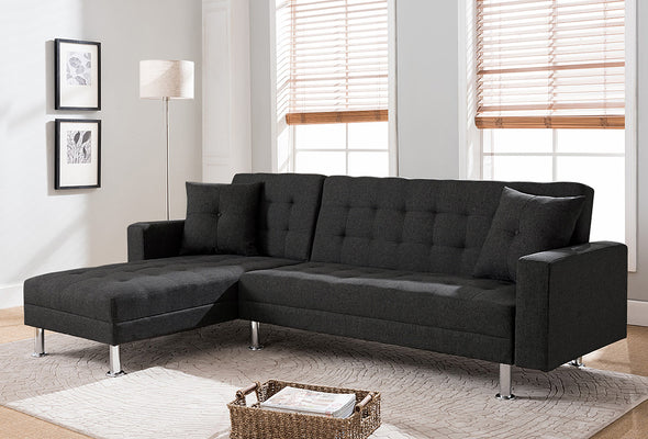 BLACK Tufted Linen Fabric REVERSIBLE Sectional Sofa Bed