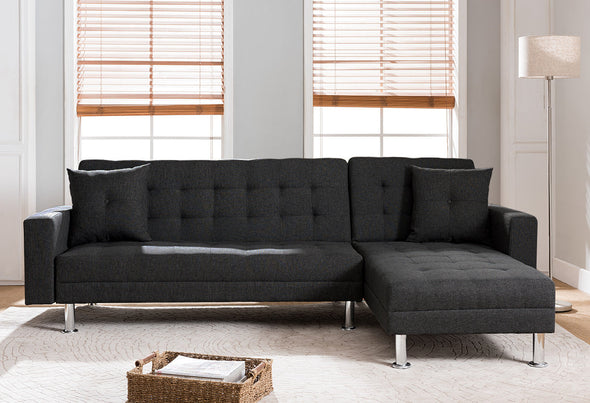 BLACK Tufted Linen Fabric REVERSIBLE Sectional Sofa Bed