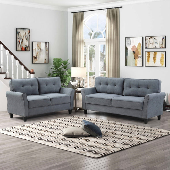  2PC DARK GRAY Polyester Tufted Back Sofa SET